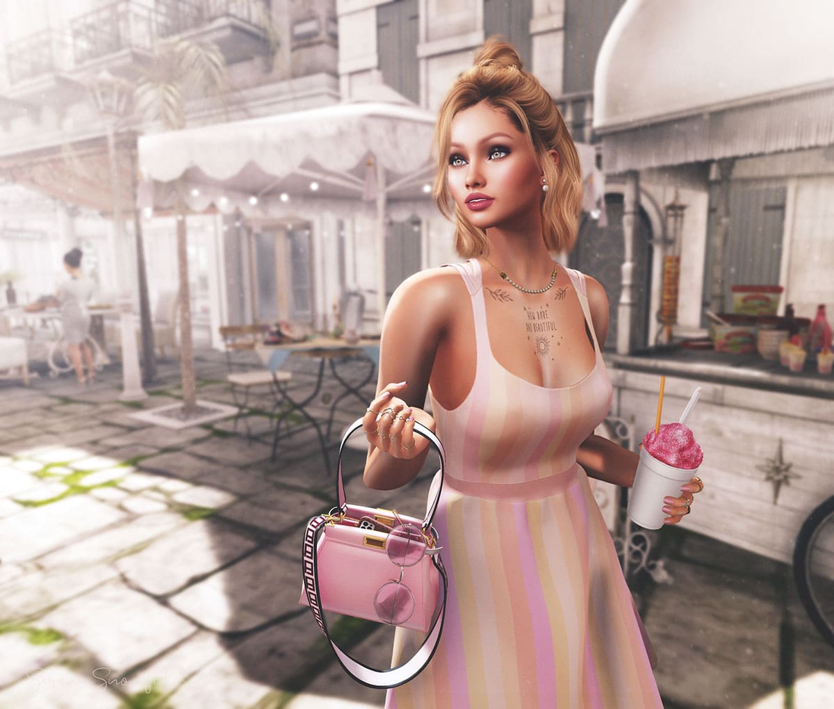 Image of a young blond lady in a pink striped dress holding a pink purse and a pink snowcone.