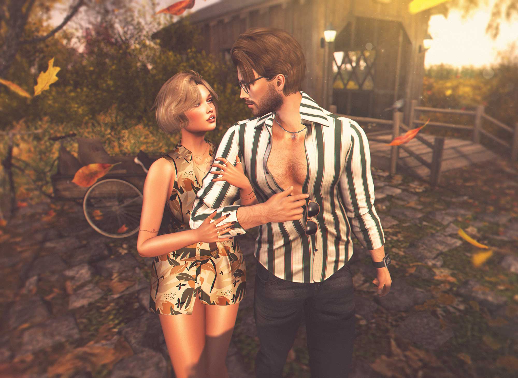 Virtual world photo of a blonde woman and brunette man walking in front of a rustic brown covered bridge in fall.