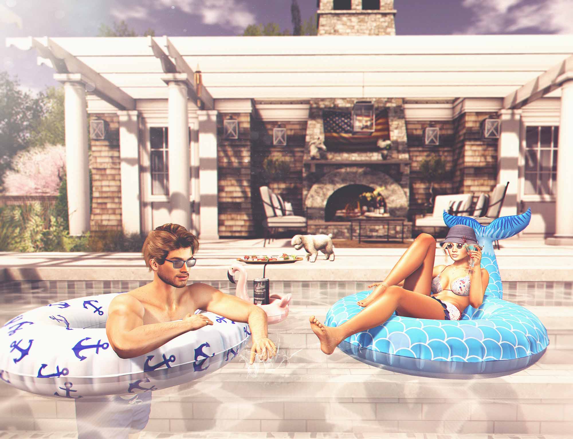 A man and woman on pool floats in a pool.
